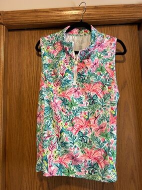 Stella Parker Golf shirt Sleeveless Floral Zip-Front Top - Pink & Green- xl
